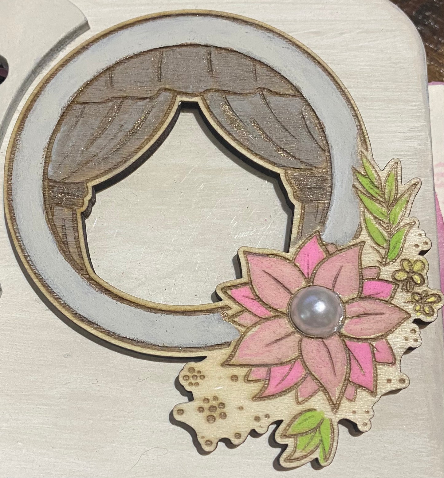 Wooden Glue-Ons: Round Window with Curtains and Boho Flowers