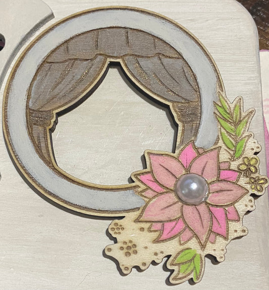 Wooden Glue-Ons: Round Window with Curtains and Boho Flowers