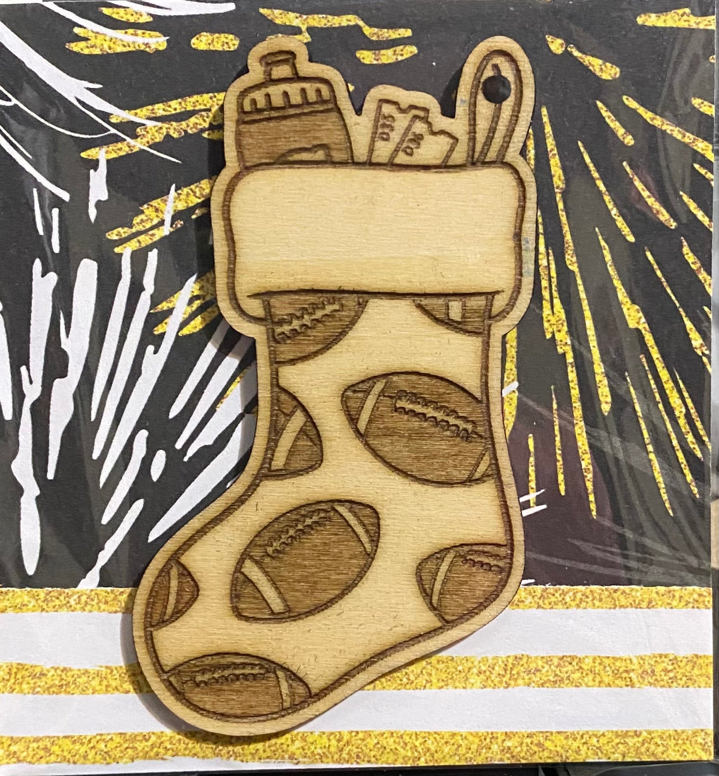 Wooden Glue-on / Dangler: Christmas Football Stocking Ornament