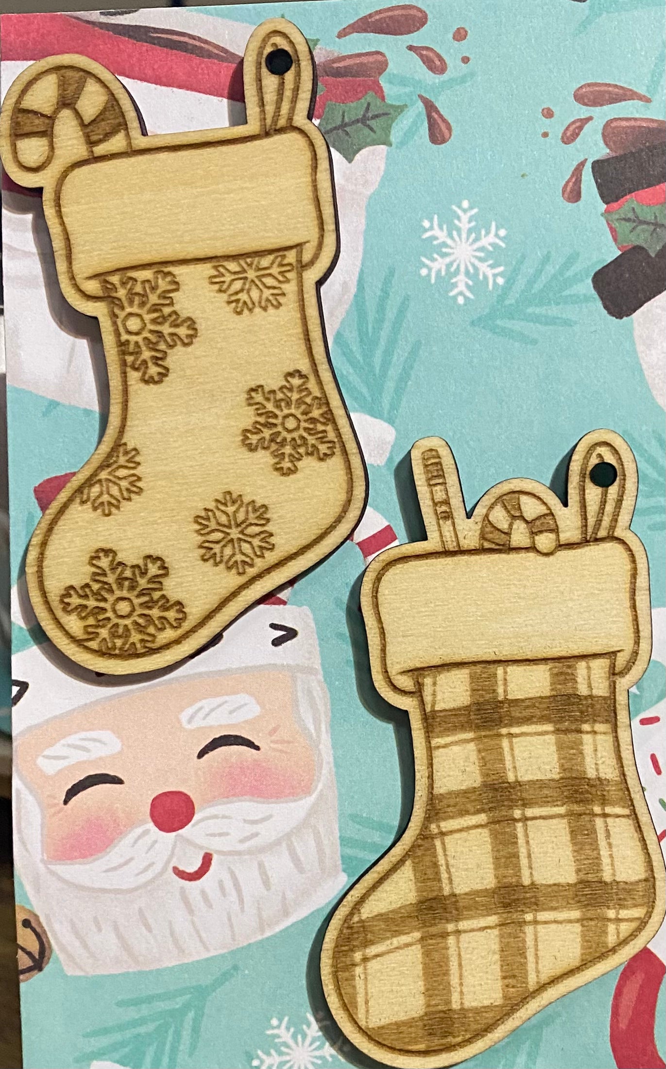 Wooden Glue-on / Dangler: Set of 2 Christmas Snowflake/Plaid Stocking Ornament