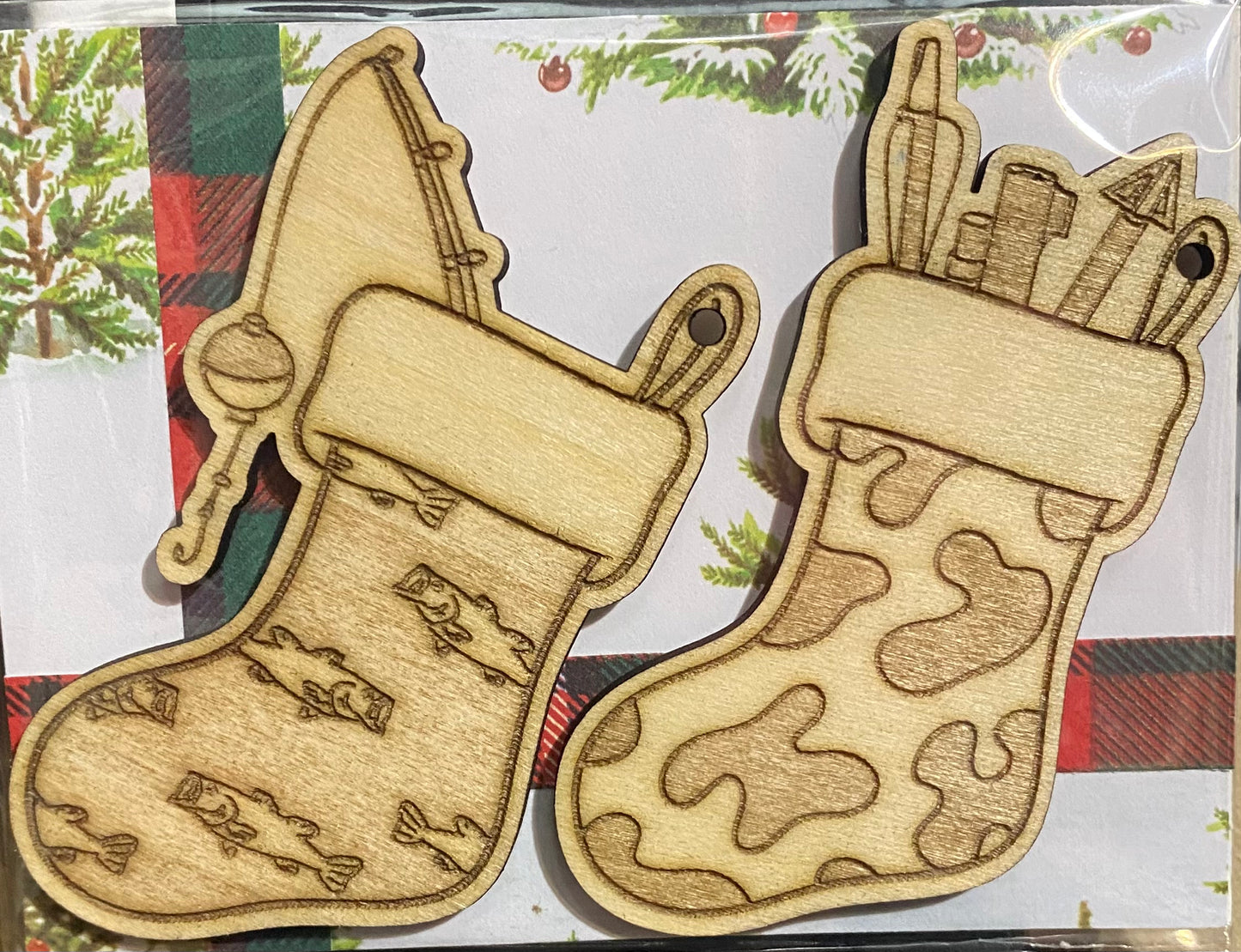 Wooden Glue-on / Dangler: Set of 2 Christmas Fish/Camo Stocking Ornament