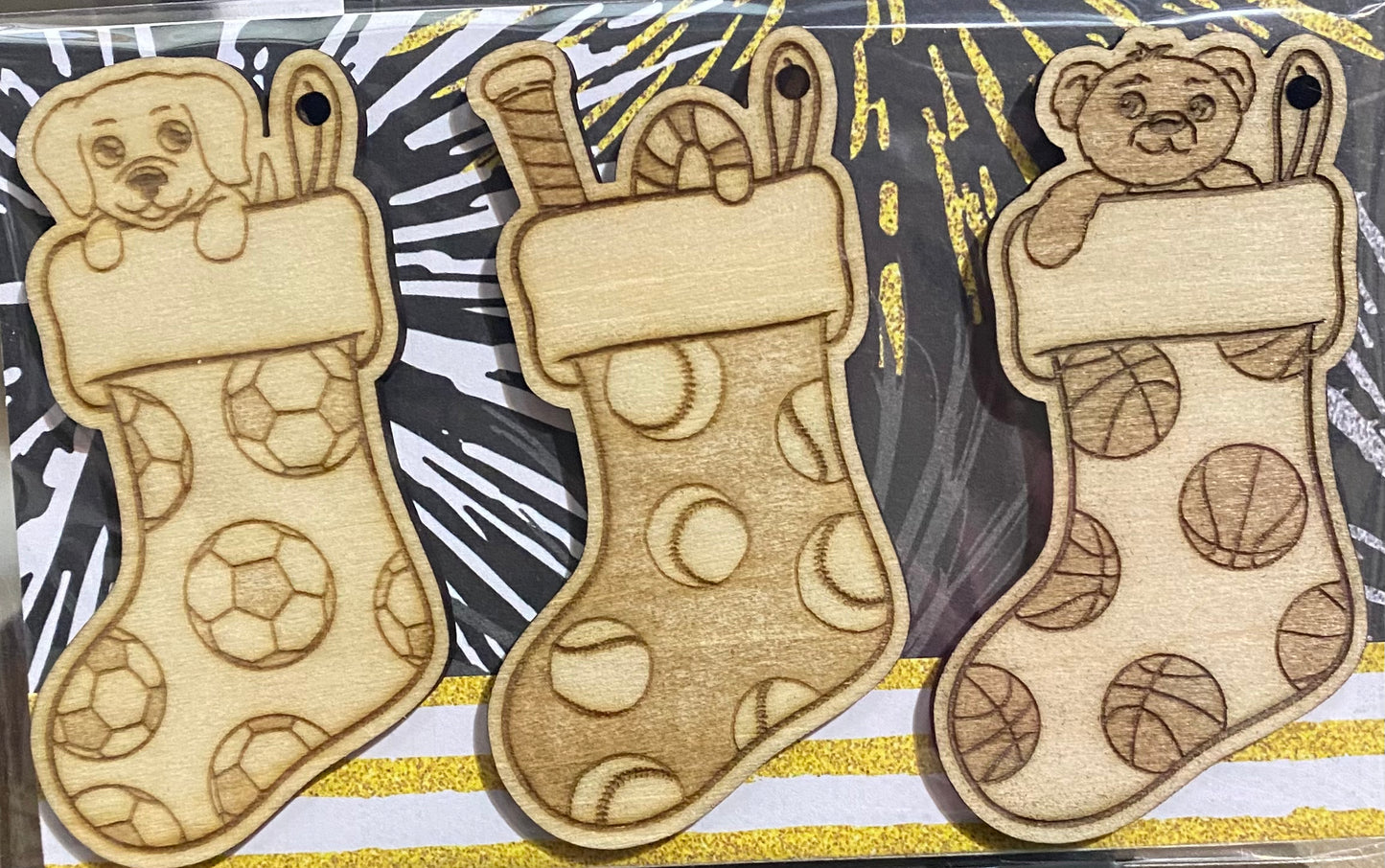 Wooden Glue-on / Dangler: Set of 3 Christmas Sports Stocking Ornament