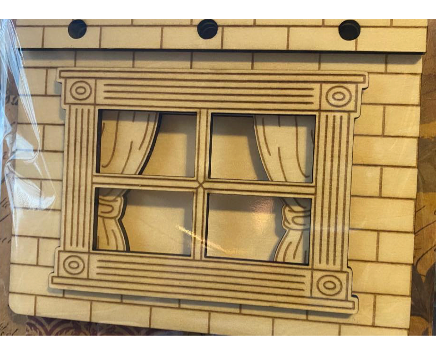 Flip Journal: Window Frame with a Curtain with a Brick Wall