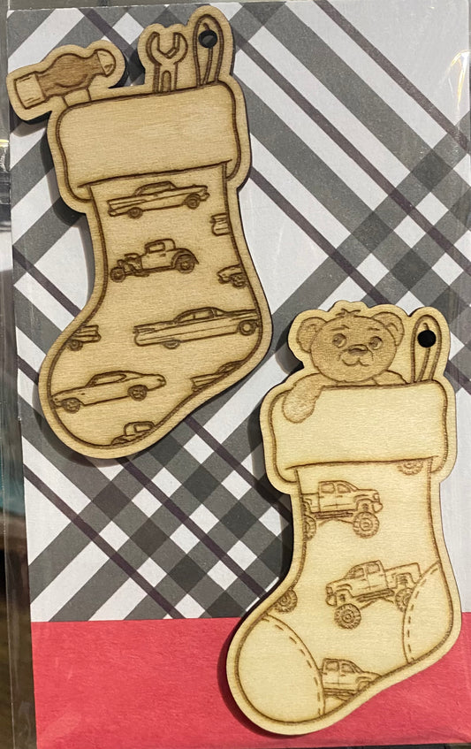 Wooden Glue-on / Dangler: Set of 2 Christmas Car/Truck Stocking Ornament
